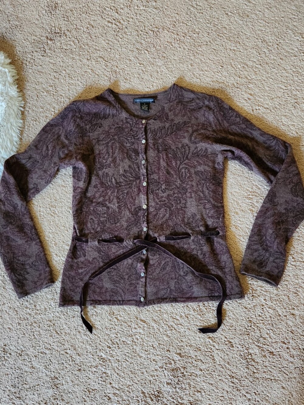 Vtg 90s Wool Angora Brown & Purple Paisley Button Cardigan Velvet Tie Waist S